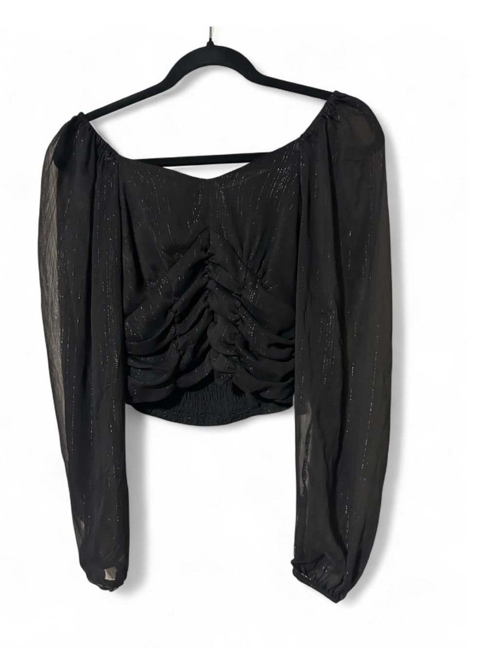 SO Black Sheer Crop Top Square Neck Ruched Puff Sleeve Sparkle Metallic Size S